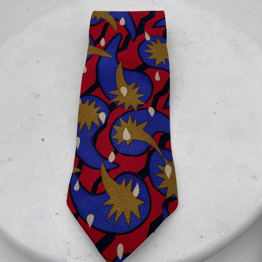 Perry Ellis Portfolio Men's Tie 100% Silk Abstract Red/Blue/Yellow 56"L 4"W